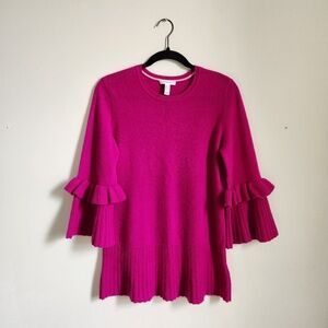 Isaac Mizrahi 2 Ply Cashmere Ruffle Bell Sleeve Sweater Fuchsia Size XS